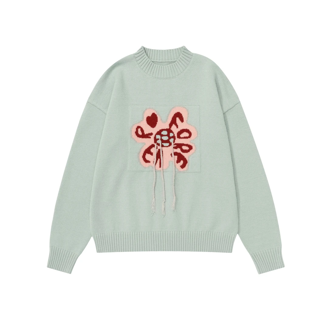 FreeRage/自由表现冬季新款百搭慵懒风立体提花圆领字母毛衣