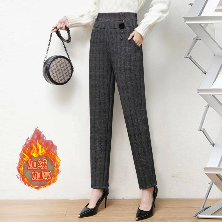 2023新款毛呢格子裤女高腰弹力显瘦休闲裤妈妈裤冬季加绒加厚长裤