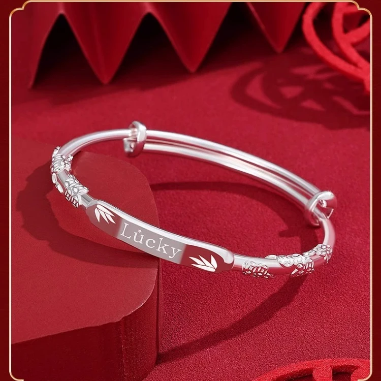 足银手镯 【24g】幸运女神推拉 百搭复古简约时尚气质轻奢经典实心