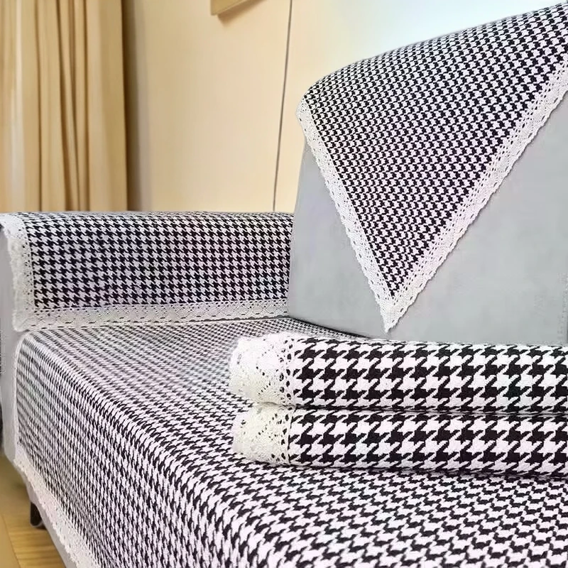 棉麻沙发垫四季通用防滑沙发套盖布简约全盖防滑布加厚高档千鸟格