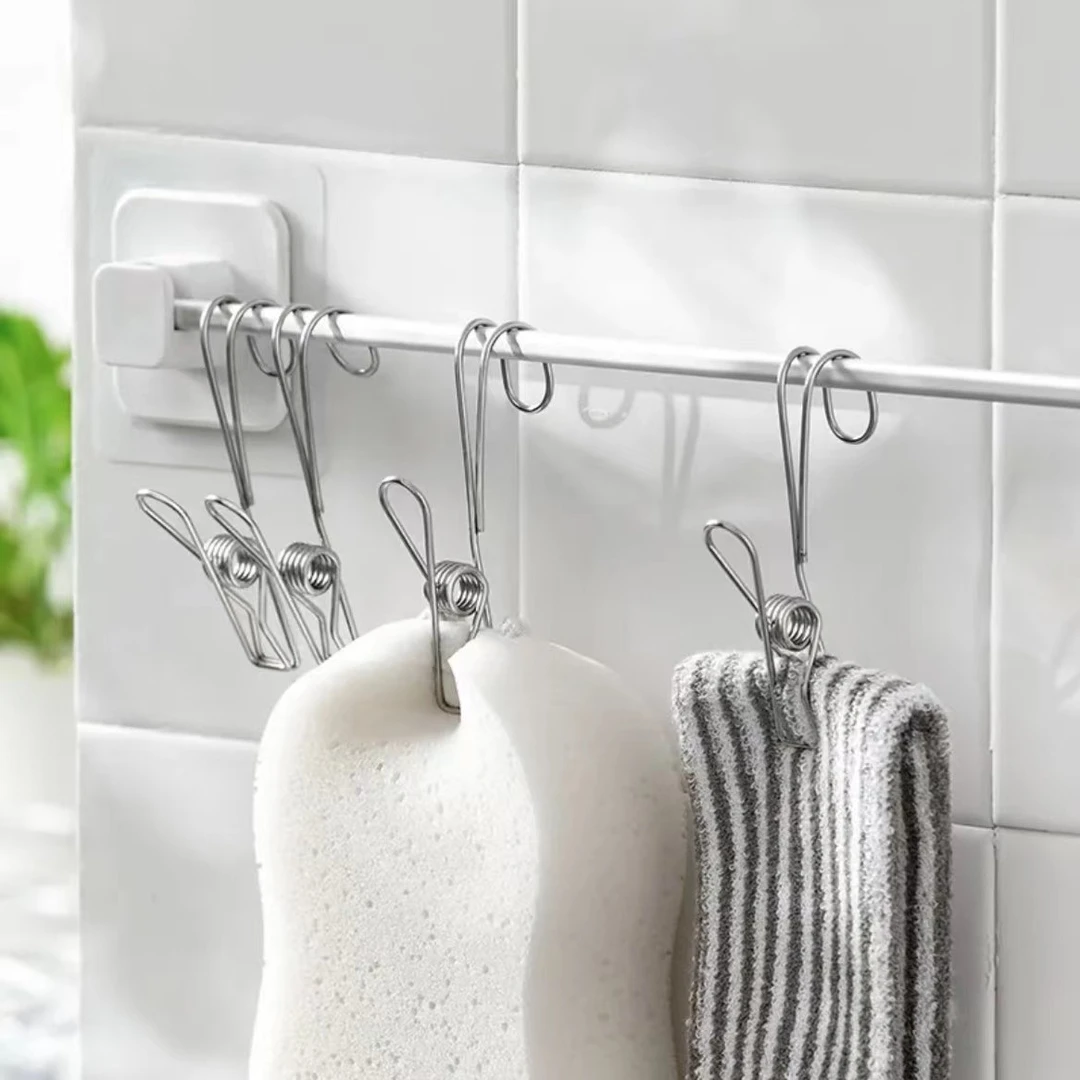 厨房抹布不锈钢挂钩夹子浴室带钩收纳毛巾夹防风晾衣