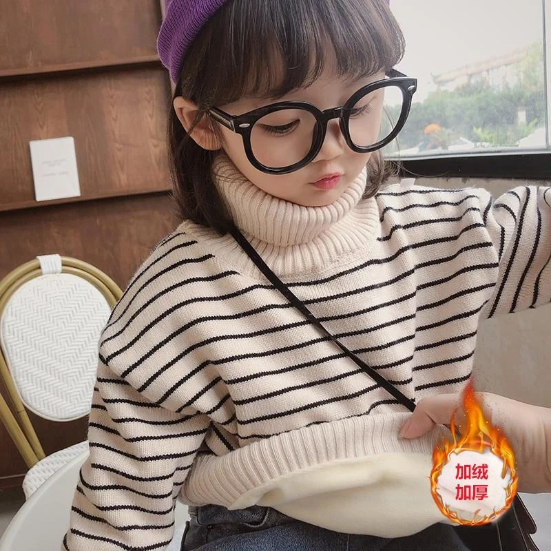 女童加绒加厚毛衣秋冬宝宝高领条纹保暖上衣针织打底衫儿童冬装潮