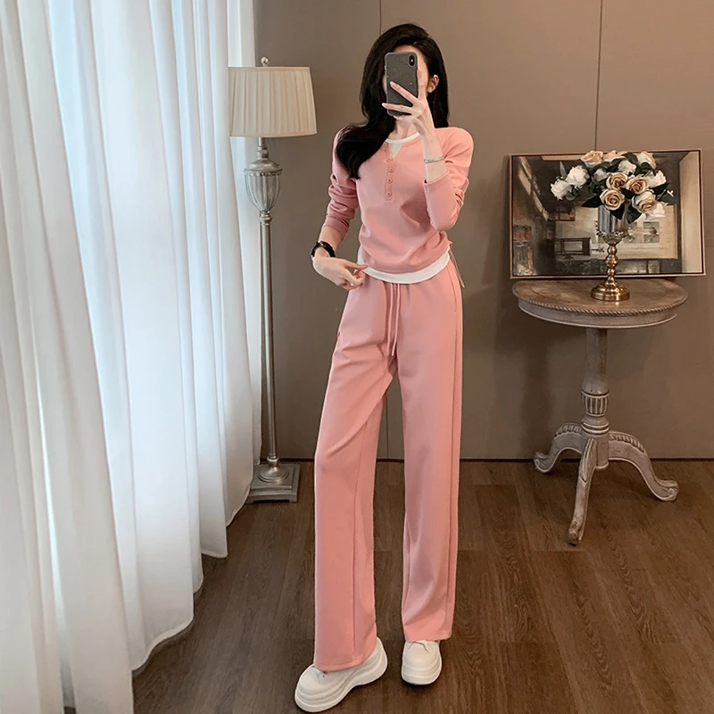 洋气减龄休闲时尚套装女2024秋季粉色假两件长袖上衣阔腿裤两件套