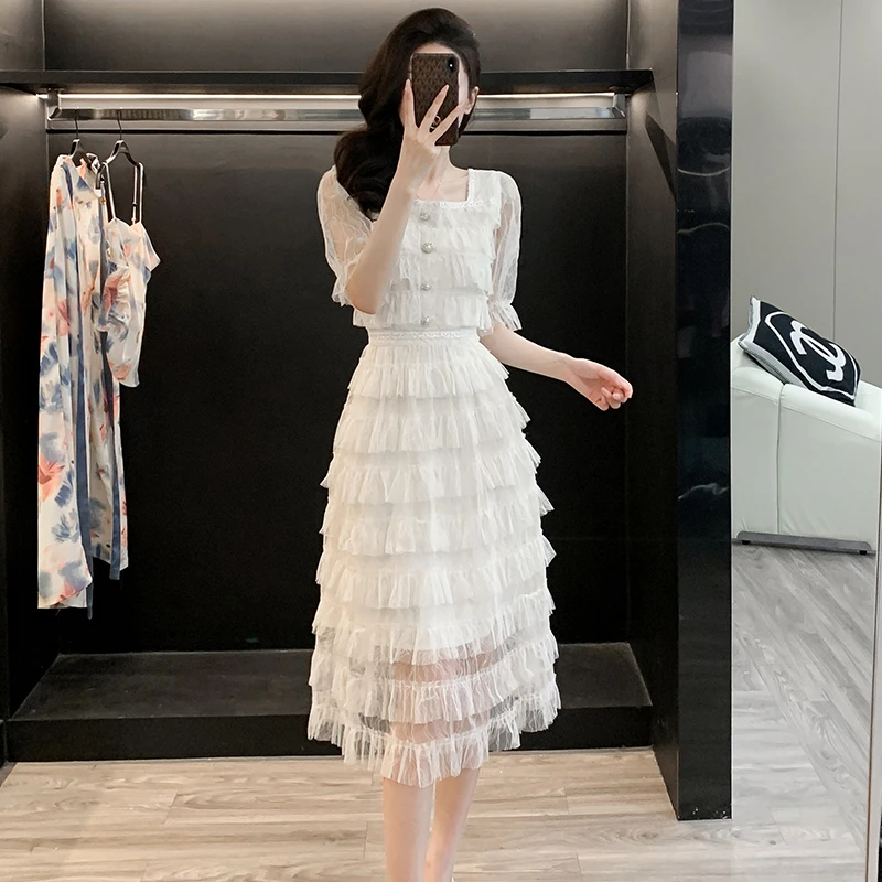 法式小香风泡泡短袖连衣裙女夏季温柔甜美超仙白色公主高腰蛋糕裙