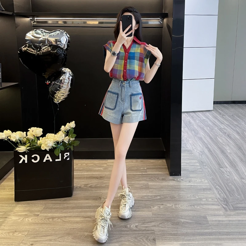 港风复古休闲时尚套装女夏季新款拼色格子短袖衬衫牛仔短裤两件套