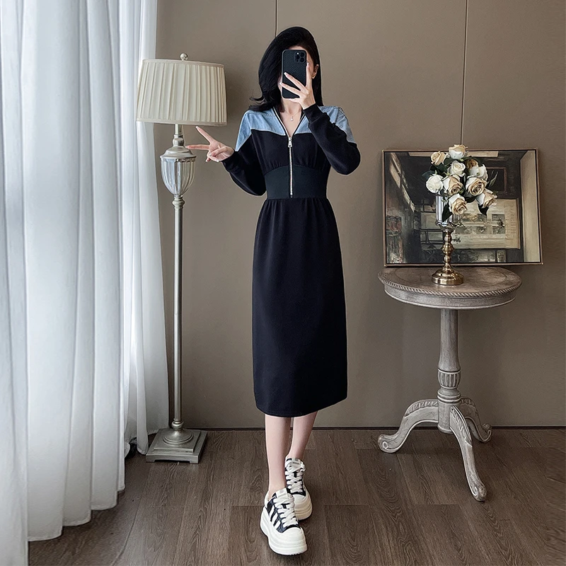 欧货拼接黑色长袖连衣裙女秋季2024新款时尚气质v领遮肉显瘦裙子