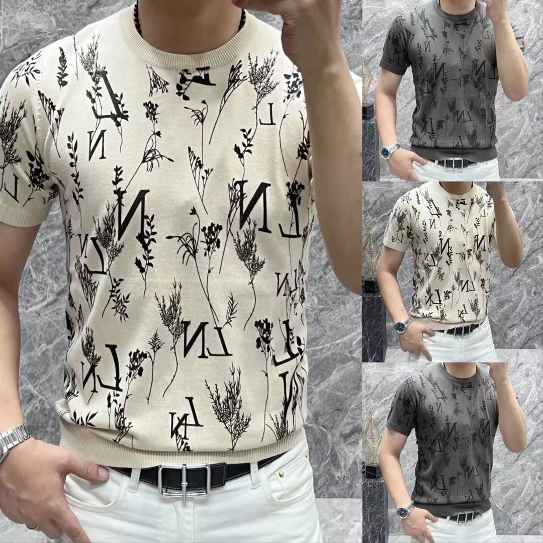 【XI.YI/熙怡】早秋新款男士日常休闲百搭圆领树叶图腾短袖   9305