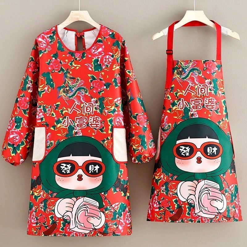 东北大花围裙厨房家用做饭围腰可防水防油长袖罩衣时尚洋气民族风