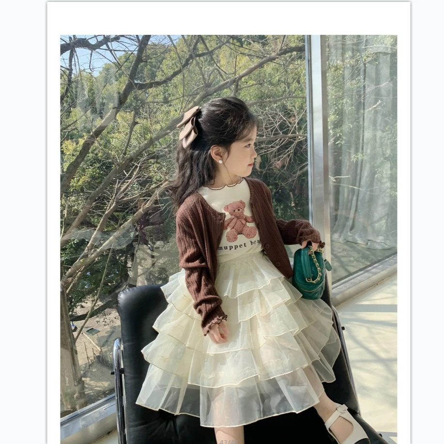 图图小象2023女童春季新款开衫T恤半身裙子三件套春秋复古连衣裙