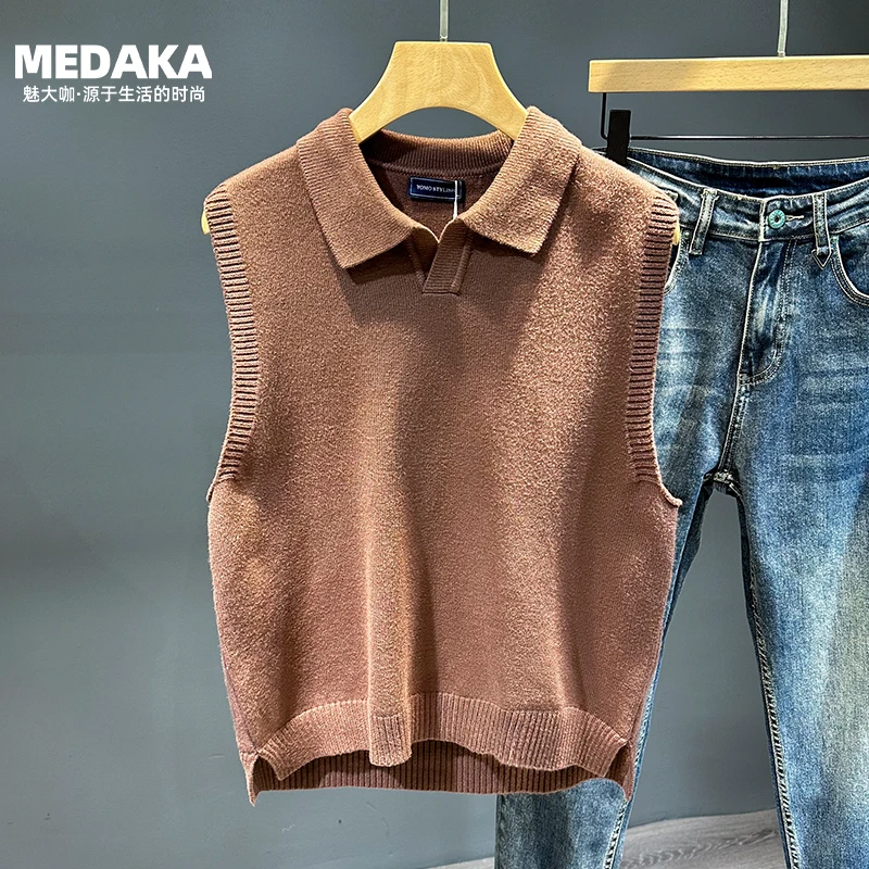 翻领毛衣背心男2024秋季款百搭宽松无袖针织衫马甲潮牌休闲坎肩