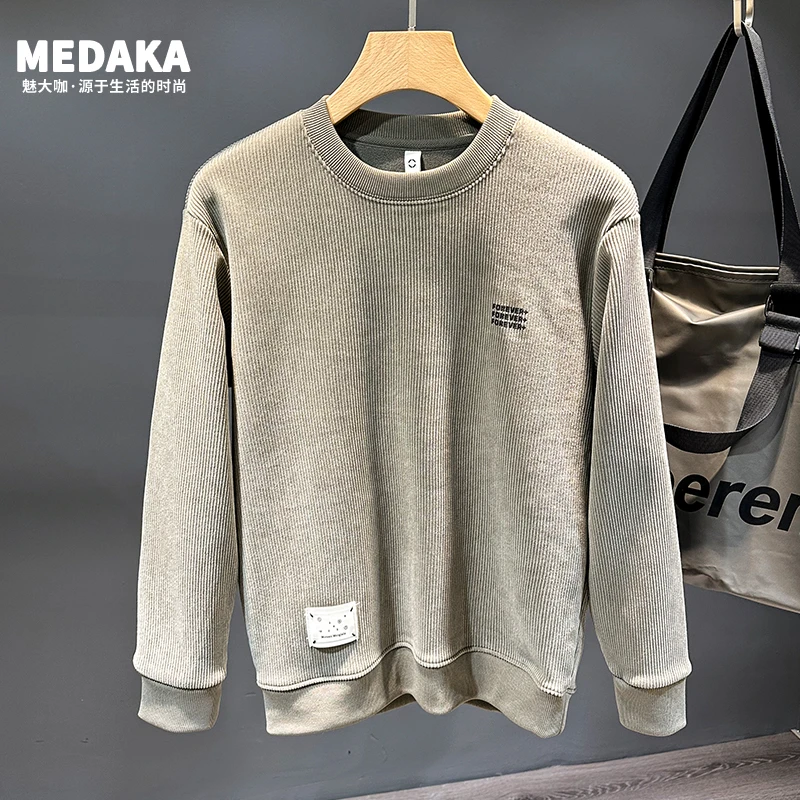 日系字母刺绣灯芯绒卫衣男潮牌圆领无帽衣服宽松潮流百搭加绒外套