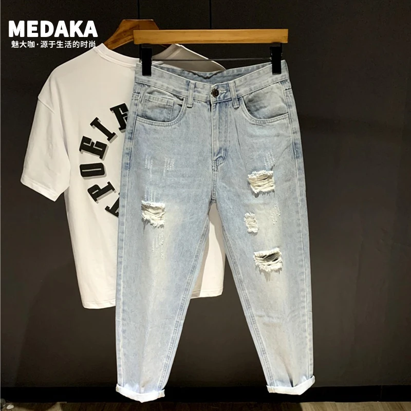 2024新款帅气潮流男士牛仔裤浅色破洞乞丐裤宽松直筒九分裤子男