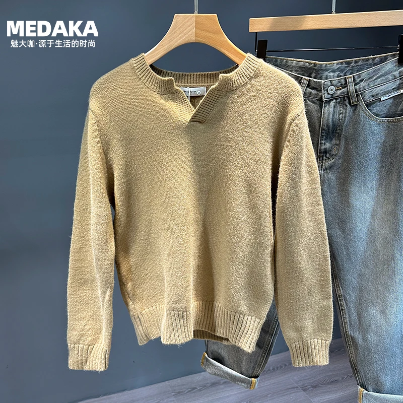 高端轻奢V领套头毛衣男士秋季韩版修身针织衫慵懒风纯色短款上衣