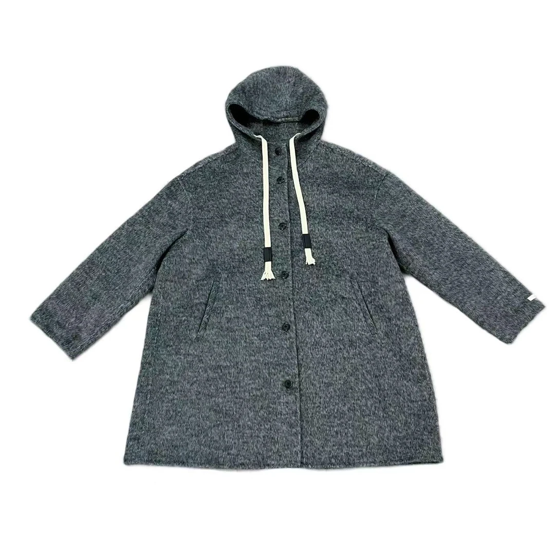 【秀秀新品xiuxiu】 连帽中长款灰色双面大衣