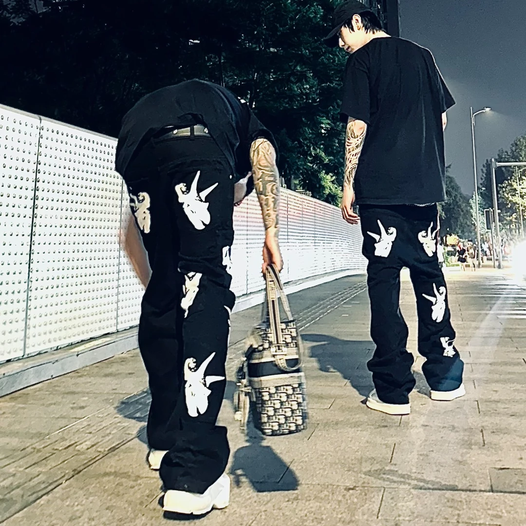 男士潮流美式街头517纯黑直筒微喇水洗做旧大码显瘦百搭牛仔裤