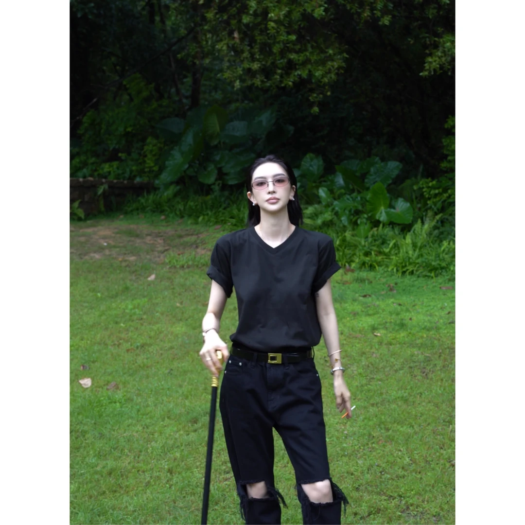 【酷酷黑】QIQIZHOU定制纯色休闲宽松气质T恤（盗图必究）77122