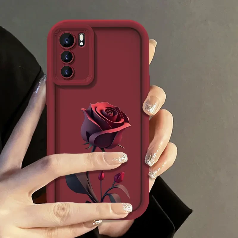 适用于OPPO Reno6/6Pro暗红玫瑰手机壳全包硅胶防摔女款创意软壳