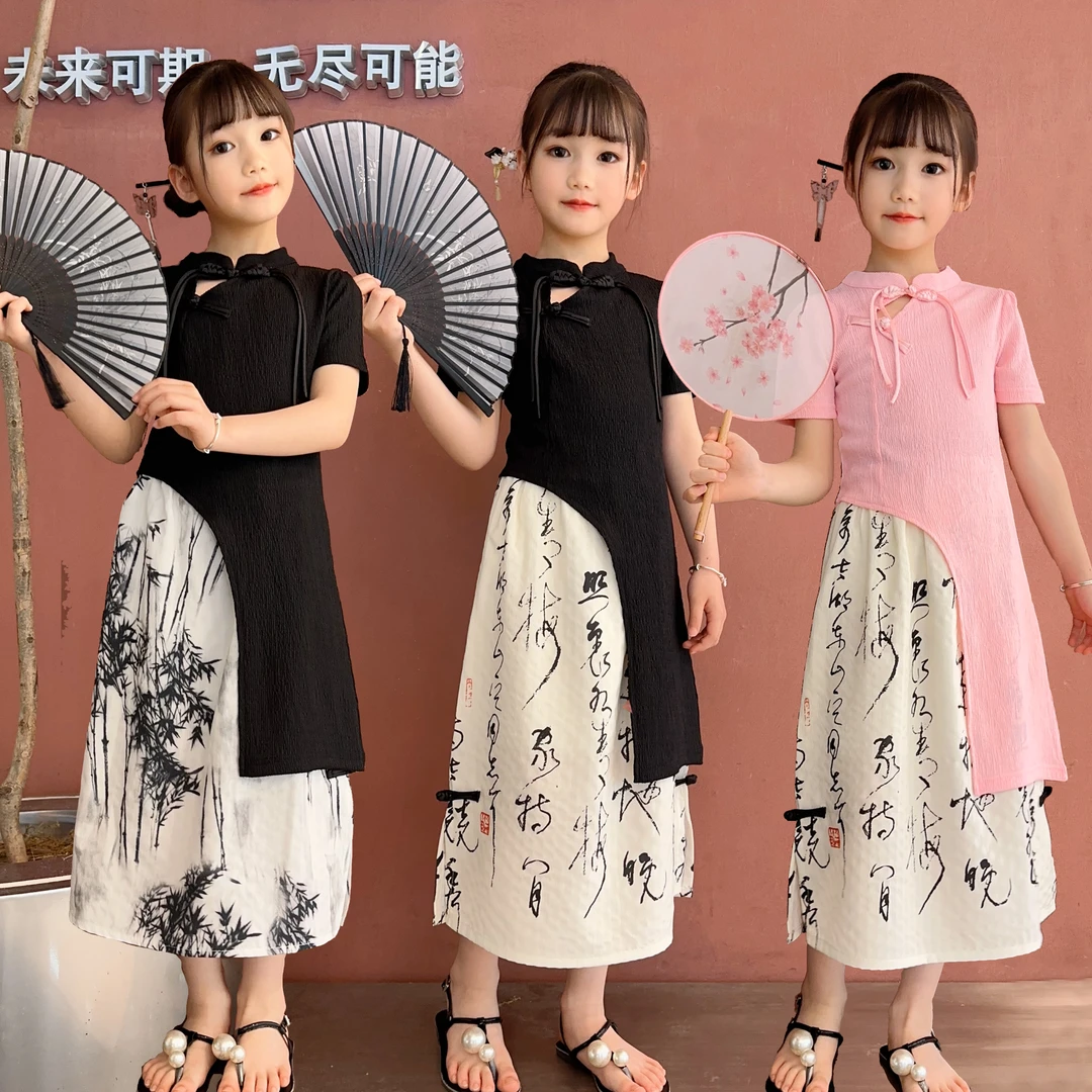 小语晗晗 亲子装女男童妈妈旗套装夏季国潮复古修身国风中式古风