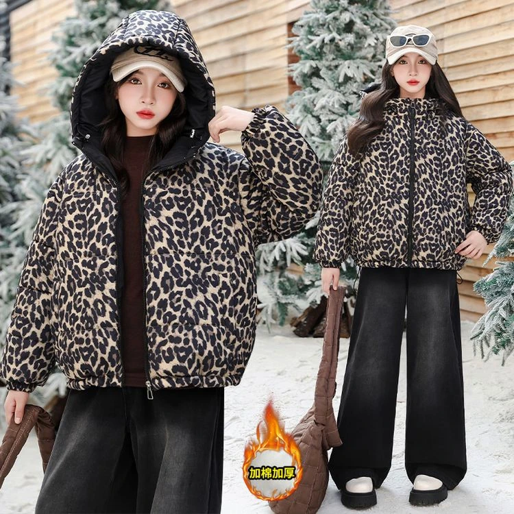 女童潮女孩冬季外套2024新款中大童加厚时尚保暖豹纹两面穿棉袄