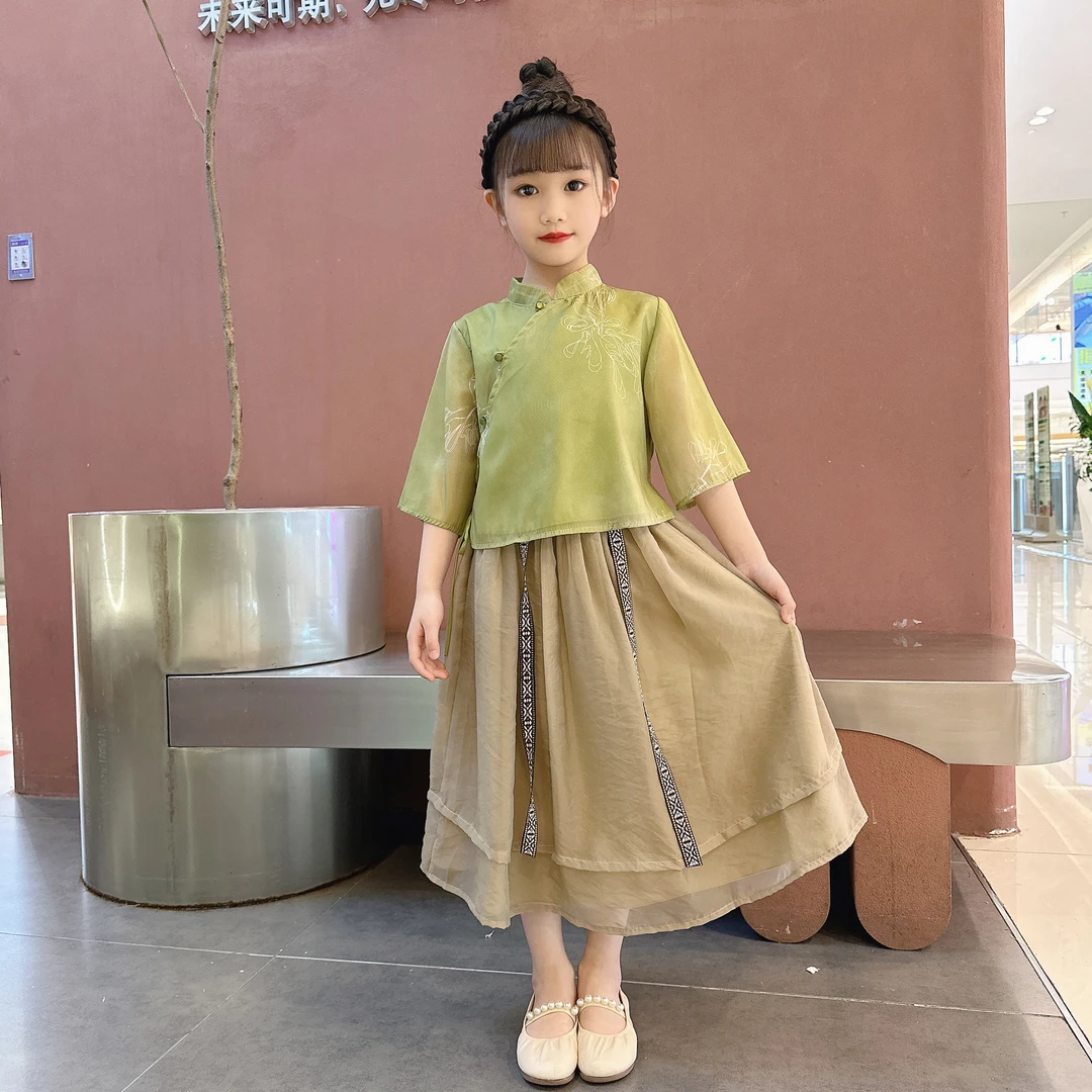 小语晗晗女童汉服宝宝裙夏季中国风复古中式女孩连衣裙千里江山画