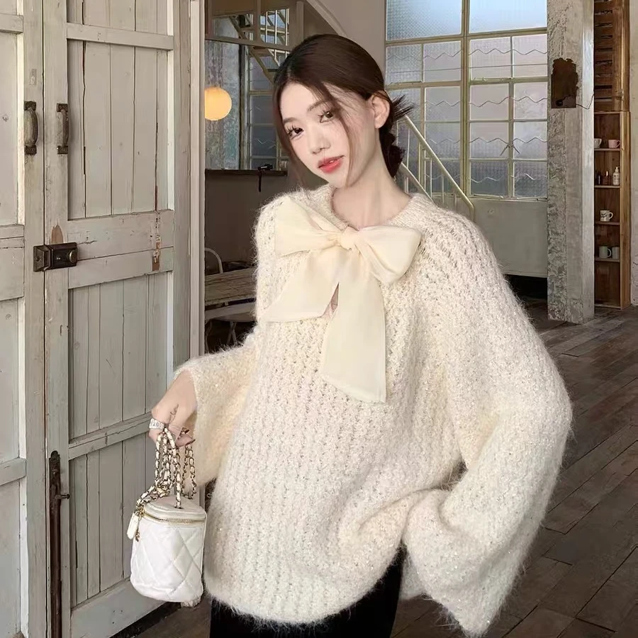 富家千金高级感穿搭小香风蝴蝶结慵懒风亮片针织长款毛衫