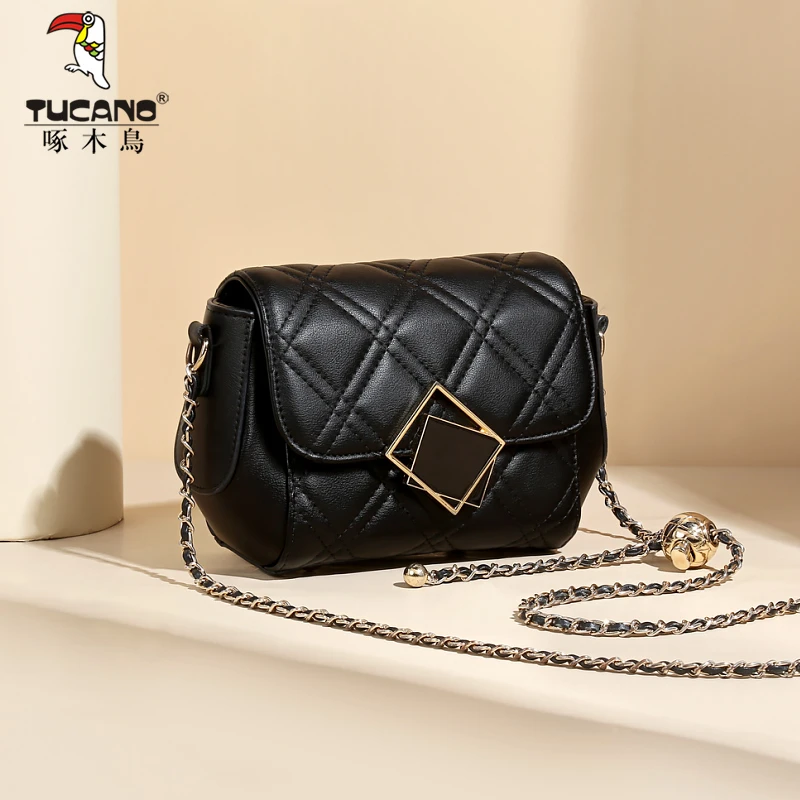 啄木鸟女包2025新款女士小包包真牛皮斜挎包女小金球菱格单肩包