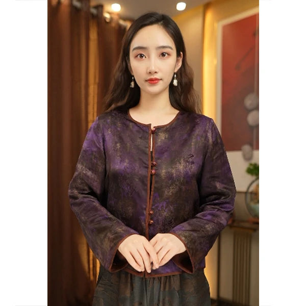 【林典】2488新中式鎏金缎面花罗香云纱上衣