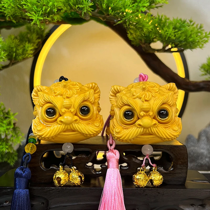 醒狮 黄杨木雕原创国潮原木手把件后视镜车挂件挂饰钥匙扣-单只装