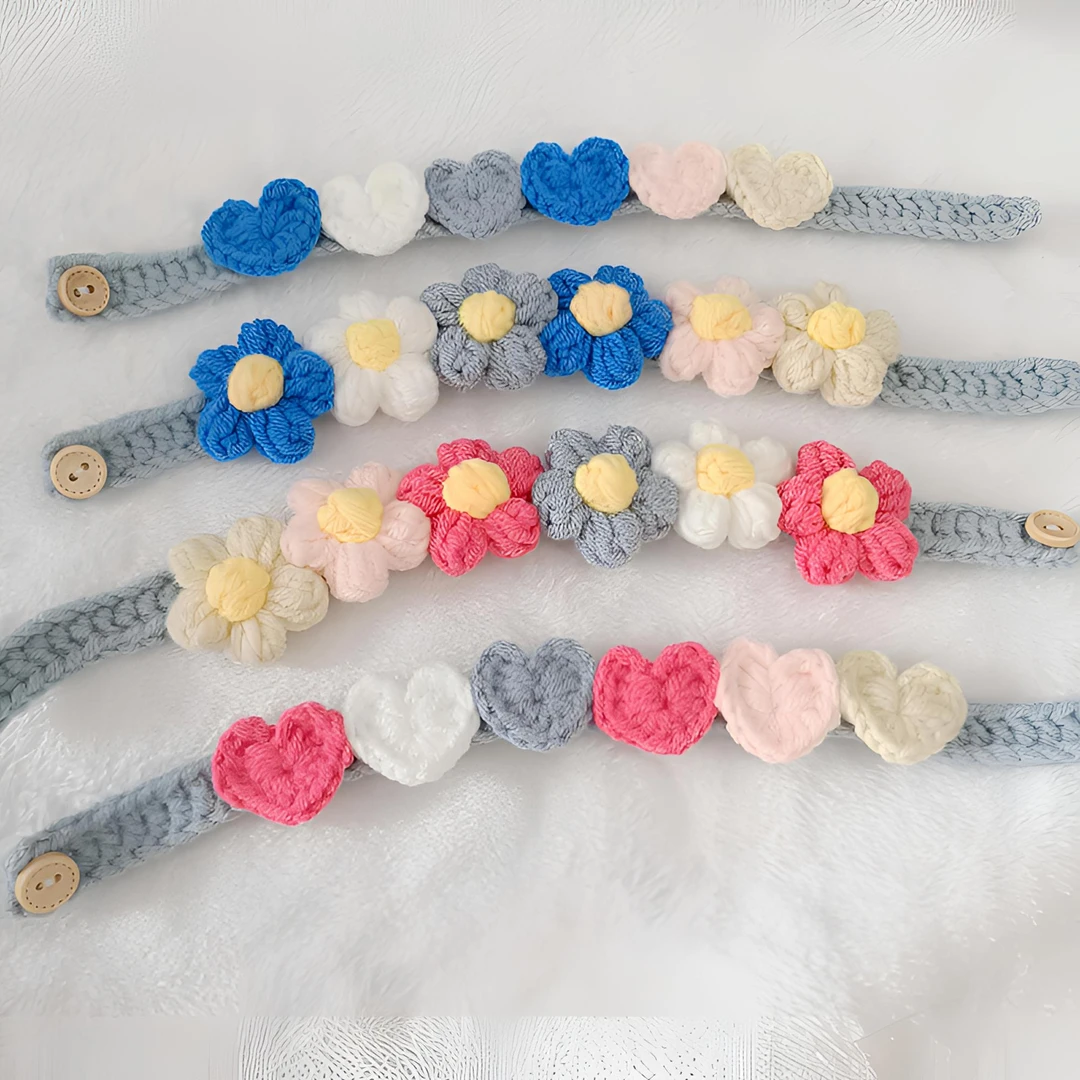 宠物项圈猫咪围脖狗狗项链脖圈围巾纯手工毛线钩织爱心花朵领结饰
