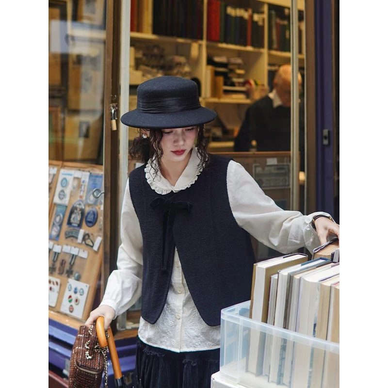 浮生八记“女作家马甲”复古圈圈羊毛灯芯绒两面穿蝴蝶结系带马甲