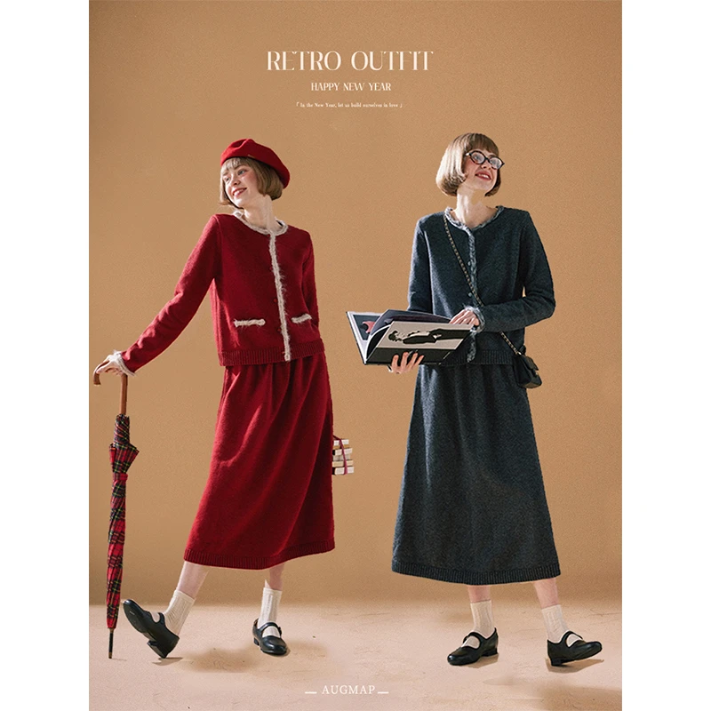 浮生八记“格雷系穿搭”知识分子开衫伞裙针织套装