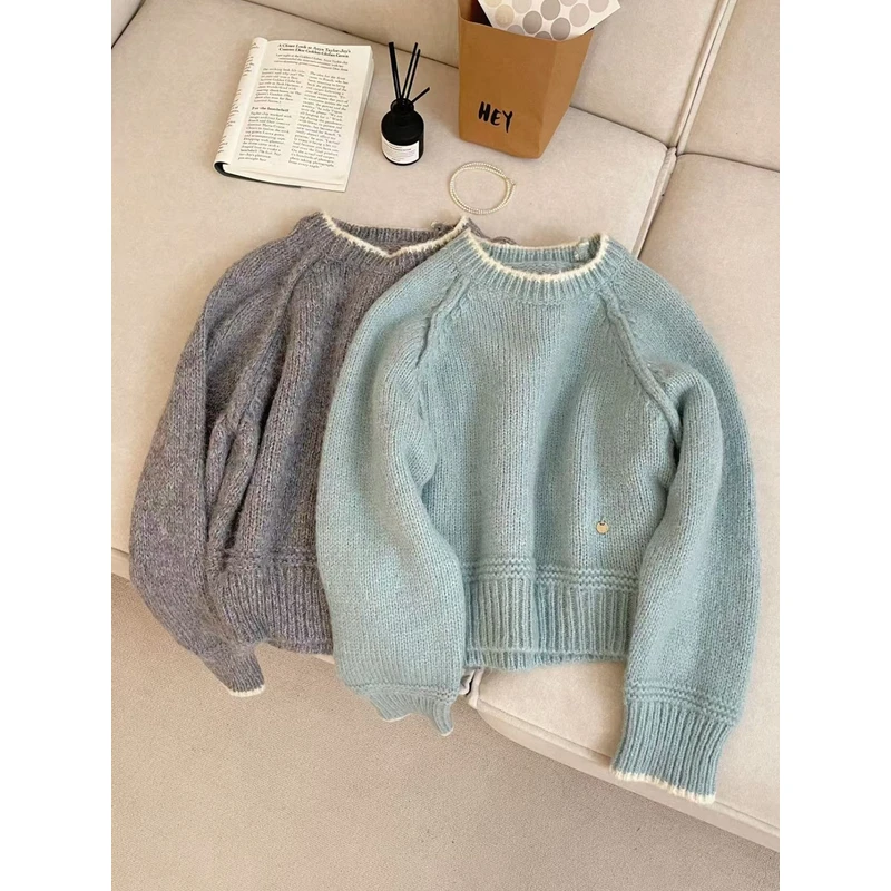 大妍【冬日海盐】小个子韩系秋冬简约纯色时尚百搭短款套头毛衣8357