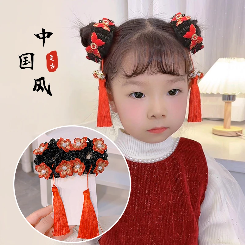 萌宝宝  儿童新年发饰女童丸子头流苏假发发圈汉服头饰