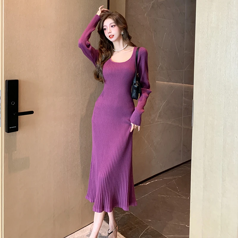 法式气质长袖针织连衣裙子早秋季2024新款女装后妈裙修身内搭长裙