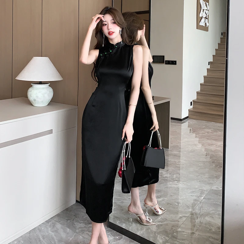 新中式女装2024新款高级感年轻款黑色无袖改良旗袍国风连衣裙女夏