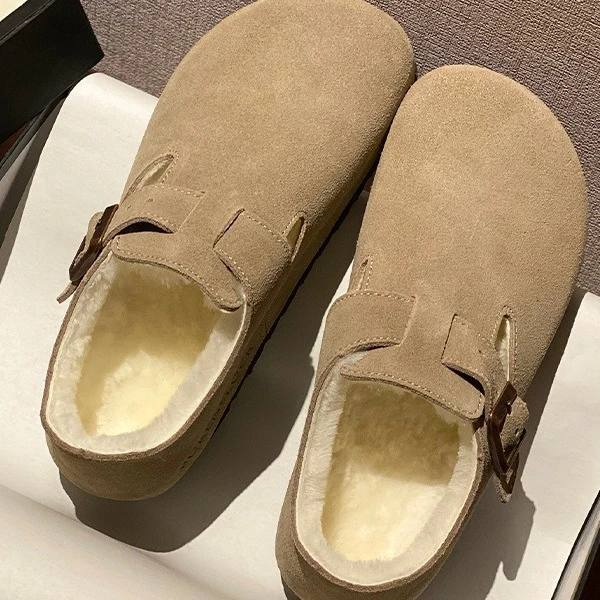 2025新款一脚蹬勃肯鞋男女同款冬季加绒保暖厚底真皮复古博肯单鞋