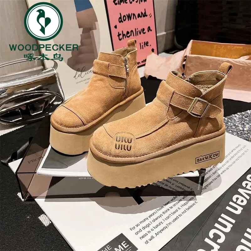 啄木鸟欧货磨砂真皮皮带扣字母厚底松糕显瘦显脚小面包鞋博肯雪地