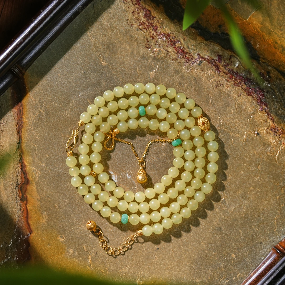 秋雅·传世级和田玉老料色标黄玉18K金高定108珠项链AD0236约6mm