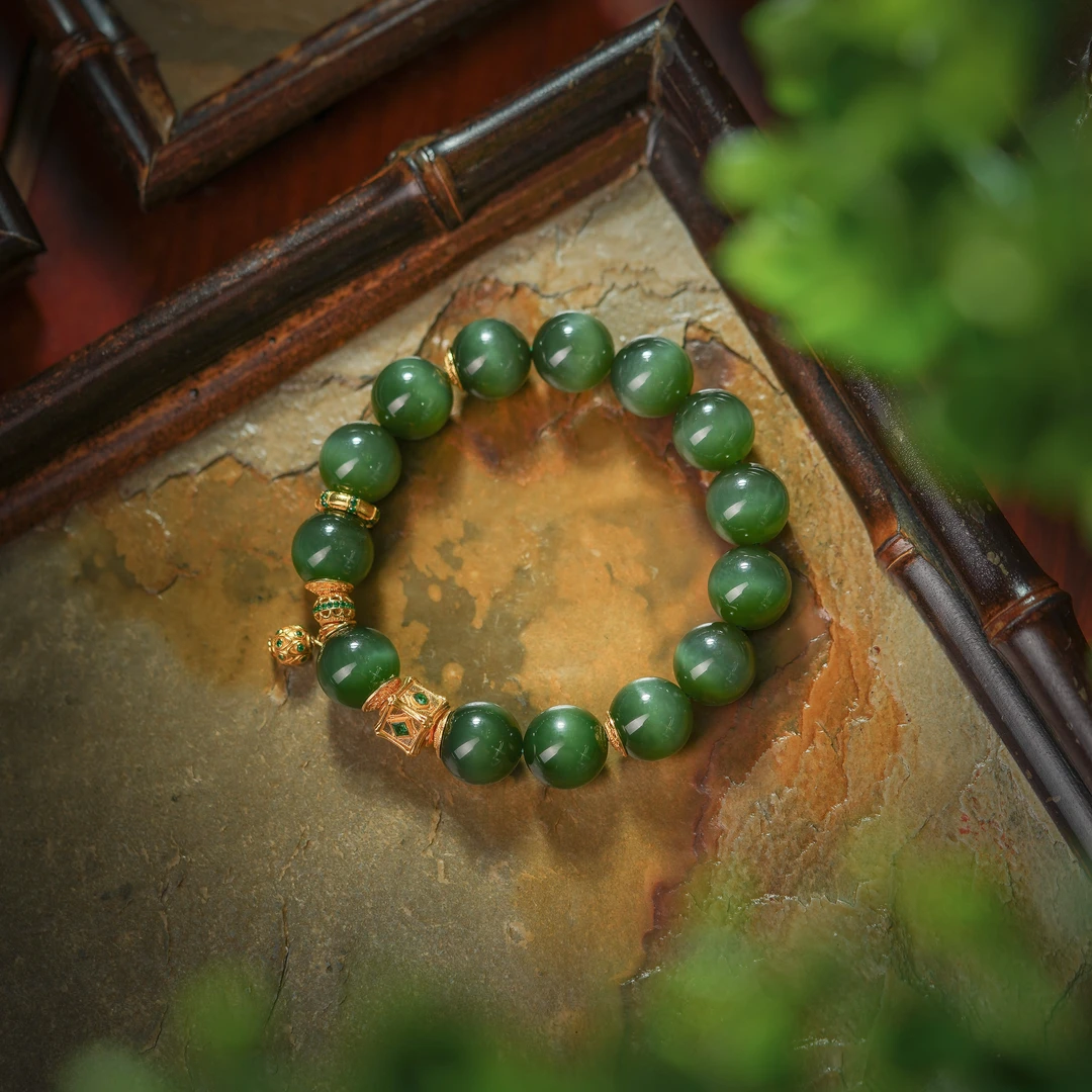 传世级和田玉电闪黑猫18K金手串AS0753约12mm