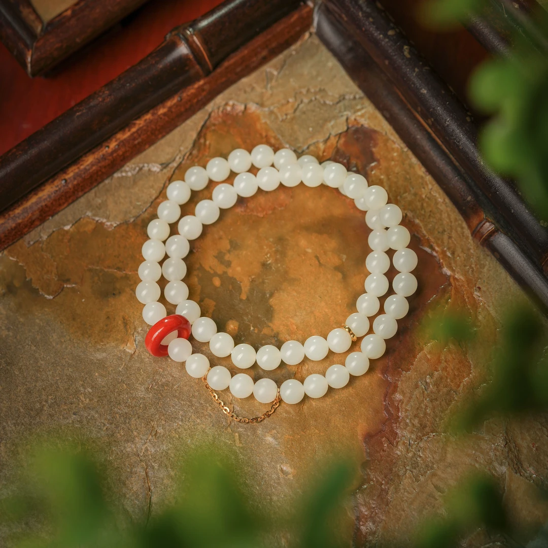 云霓·精品和田玉羊脂级白玉18K金双圈手串AS0615约6mm