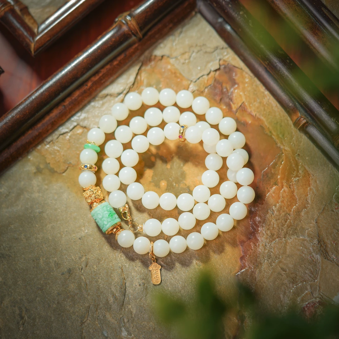 茹云·典藏级和田玉米达老料18K白玉美人链AD1345约8mm长度48