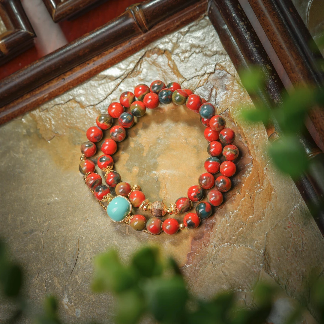 锦上羽·传世级南红皮桨老料18K金蓝皮双圈手串AS0817约7mm