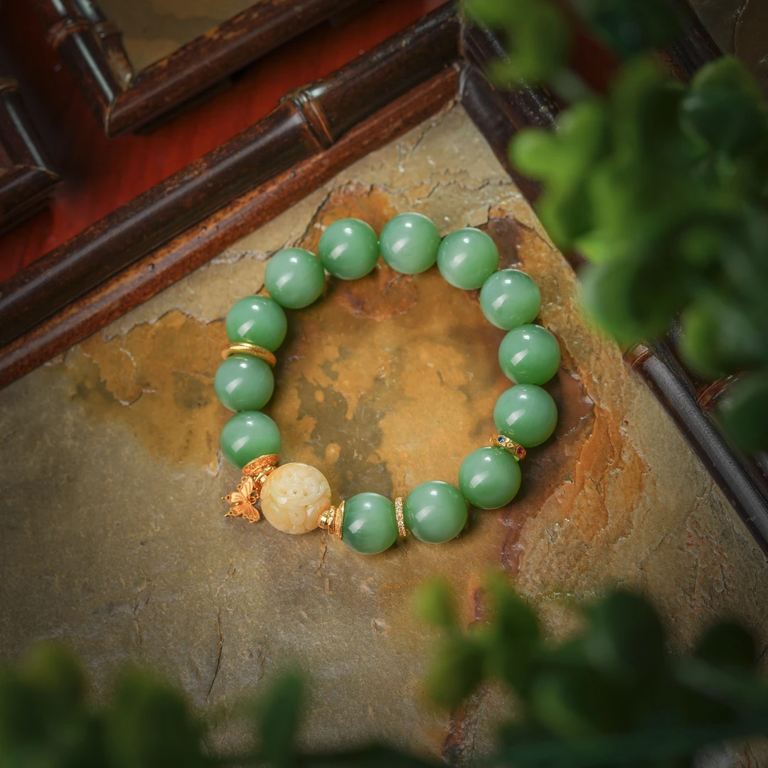 蓦山翠·传世级和田玉冰绿猫18K金手串AS0734约12-13mm国风时尚