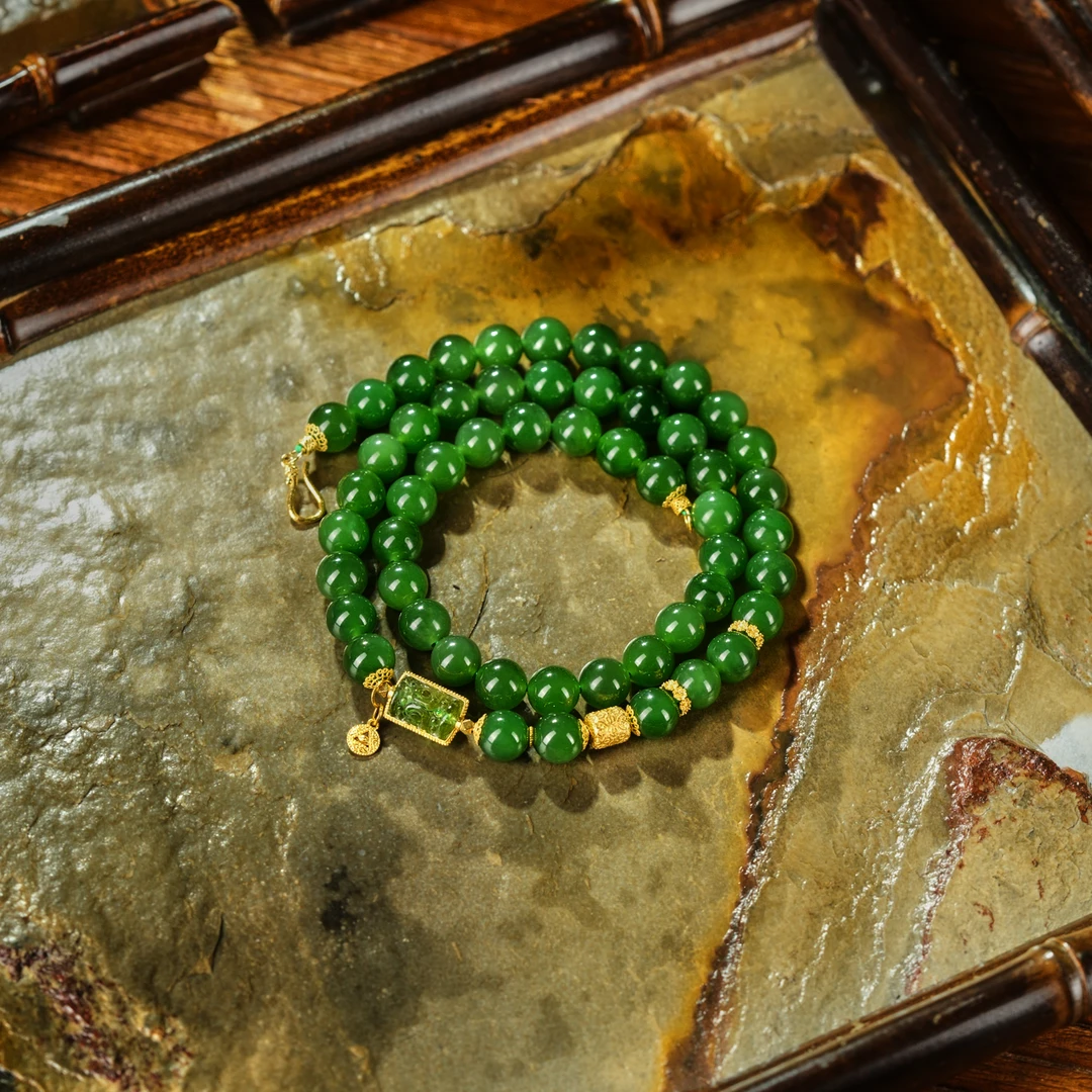 和田玉老阳绿18K金典藏级美人项链AD0514约8mm