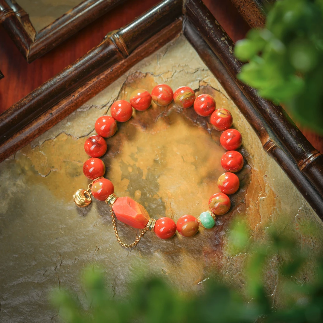 织锦·传世级南红艳色皮桨料18K金手串AS0762约10.5mm