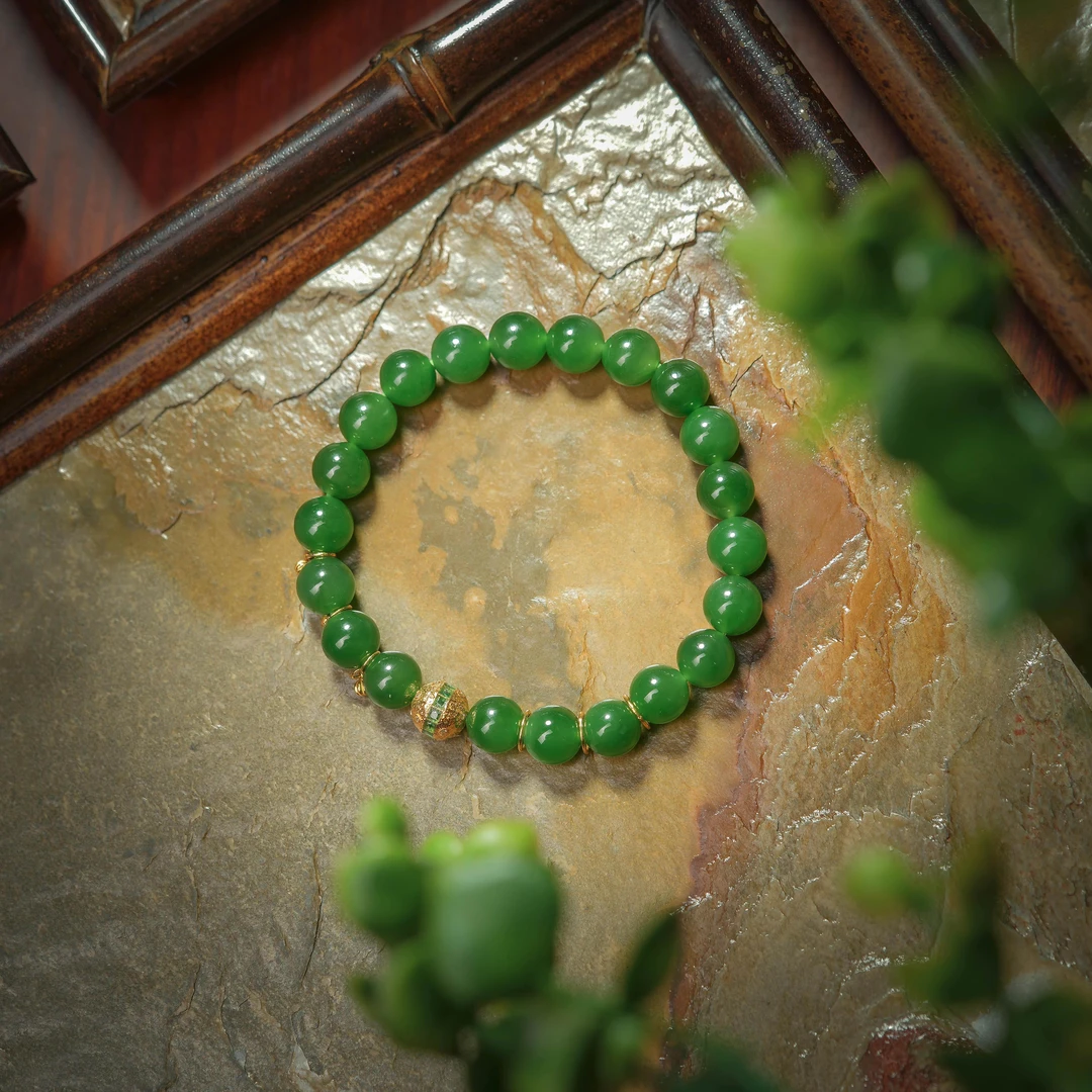 凌春·典藏级和田玉老俄碧18K金碧玉手串AS0790约8mm