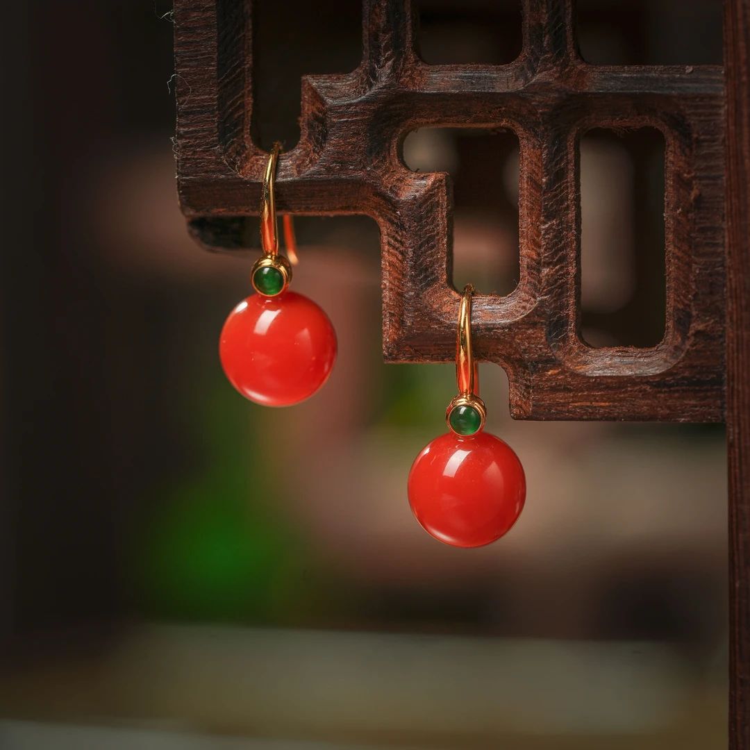 锦恒·精品南红冰红18K金耳坠AE0195约9.5mm