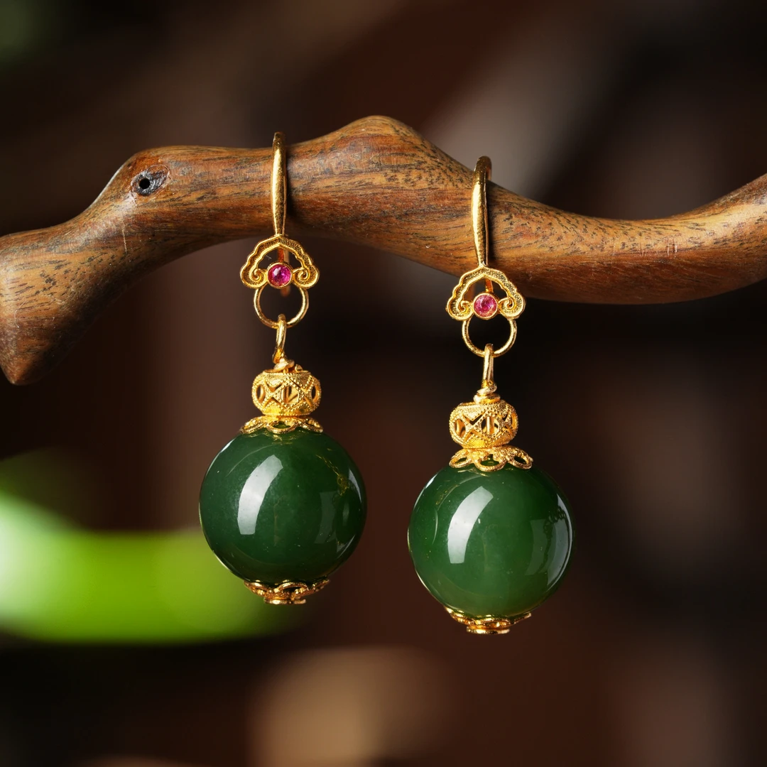 听香·和田玉碧玉老料18K金耳坠AE0112约12mm