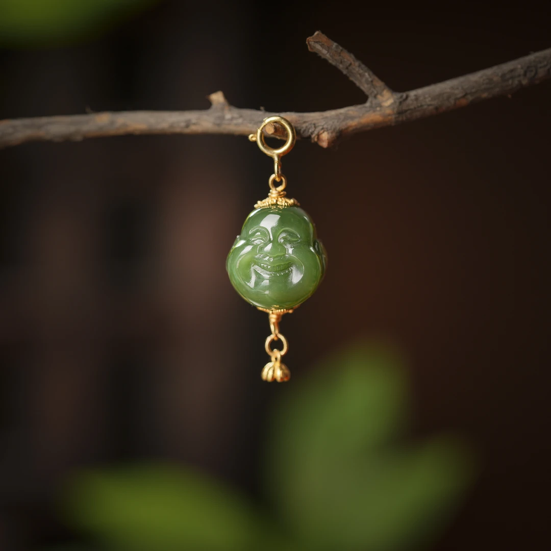 祈愿.典藏级和田玉老俄碧18K金佛首吊坠AD0632约13.5*14mm