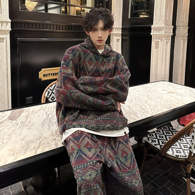 民族风提花休闲运动套装男秋冬款重磅连帽卫衣裤子高级感穿搭一套